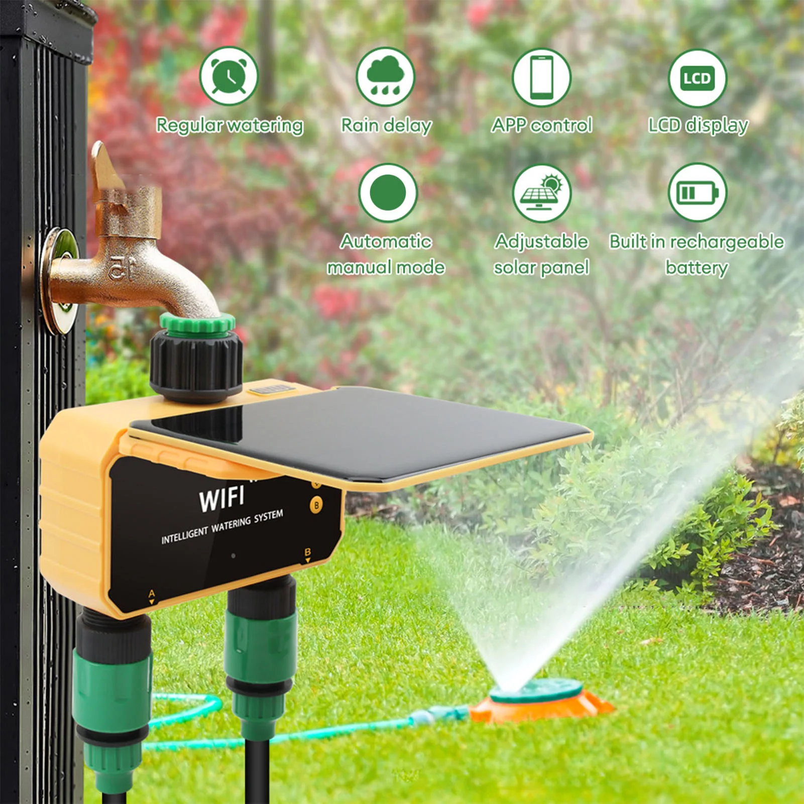 Smart Garden Timer - ตัวตั้งเวลาควบคุมการรดน้ำอัจฉริยะแบบโซลาร์ไวไฟ พร้อมฟังก์ชั่นตรวจจับฝน ควบคุมผ่านแอพพลิเคชั่น 2 ช่องจ่ายน้ำ สำหรับสวนและสนามหญ้า